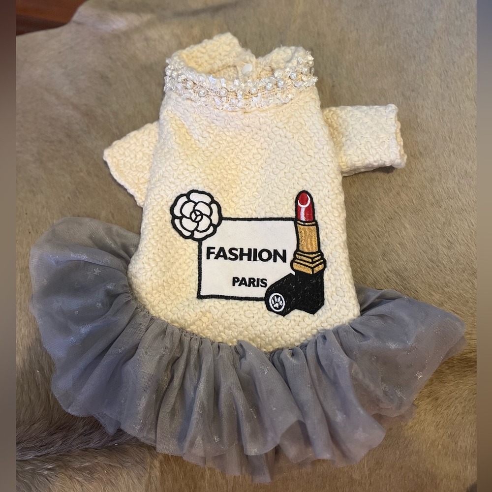 Designer Inspired dog dress with embellished pearl trim neckline by PETCIRCLE